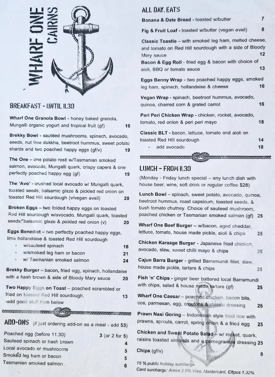 Menu, Wharf ONE Cafe