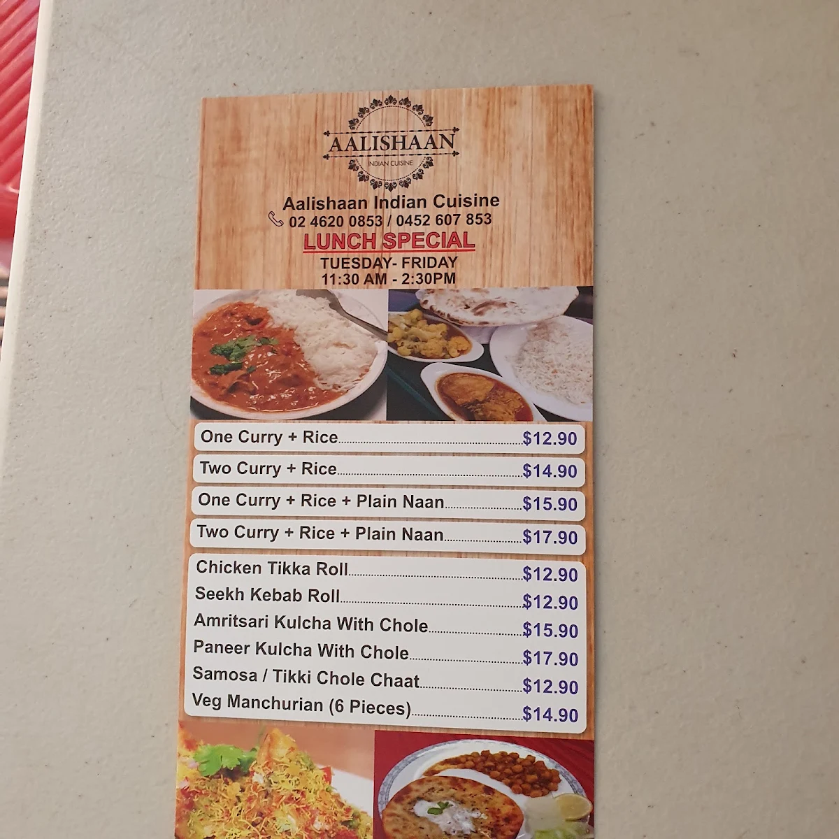 Menu, Aalishaan Indian Cuisine