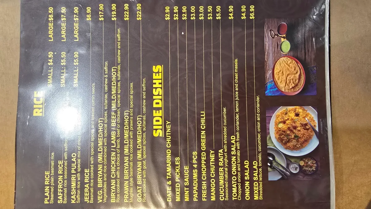 Menu, Aalishaan Indian Cuisine