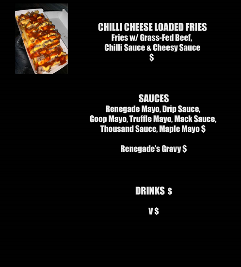 Menu, Renegade Burgers