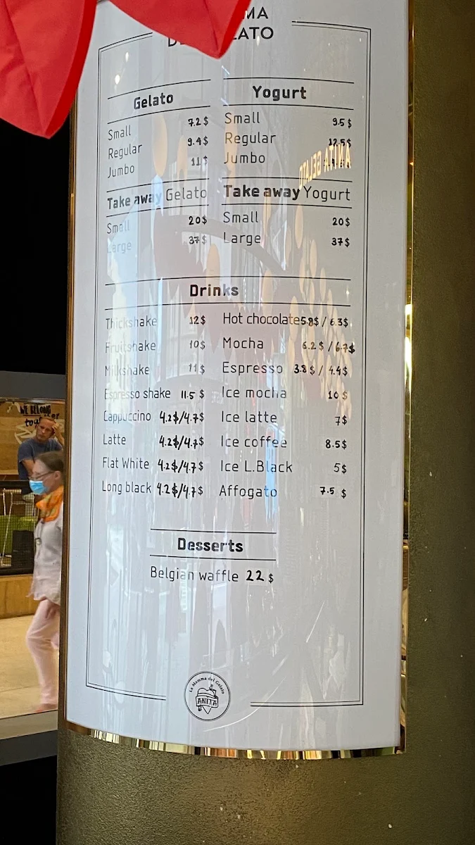 Menu, Anita Gelato Bondi Junction