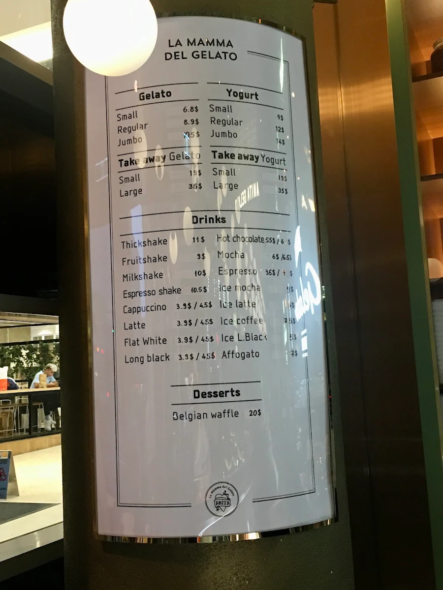 Menu, Anita Gelato Bondi Junction