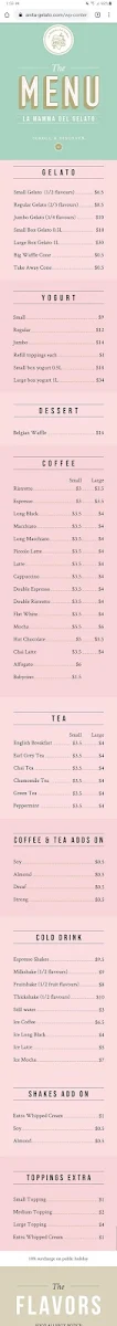 Menu, Anita Gelato Bondi Junction