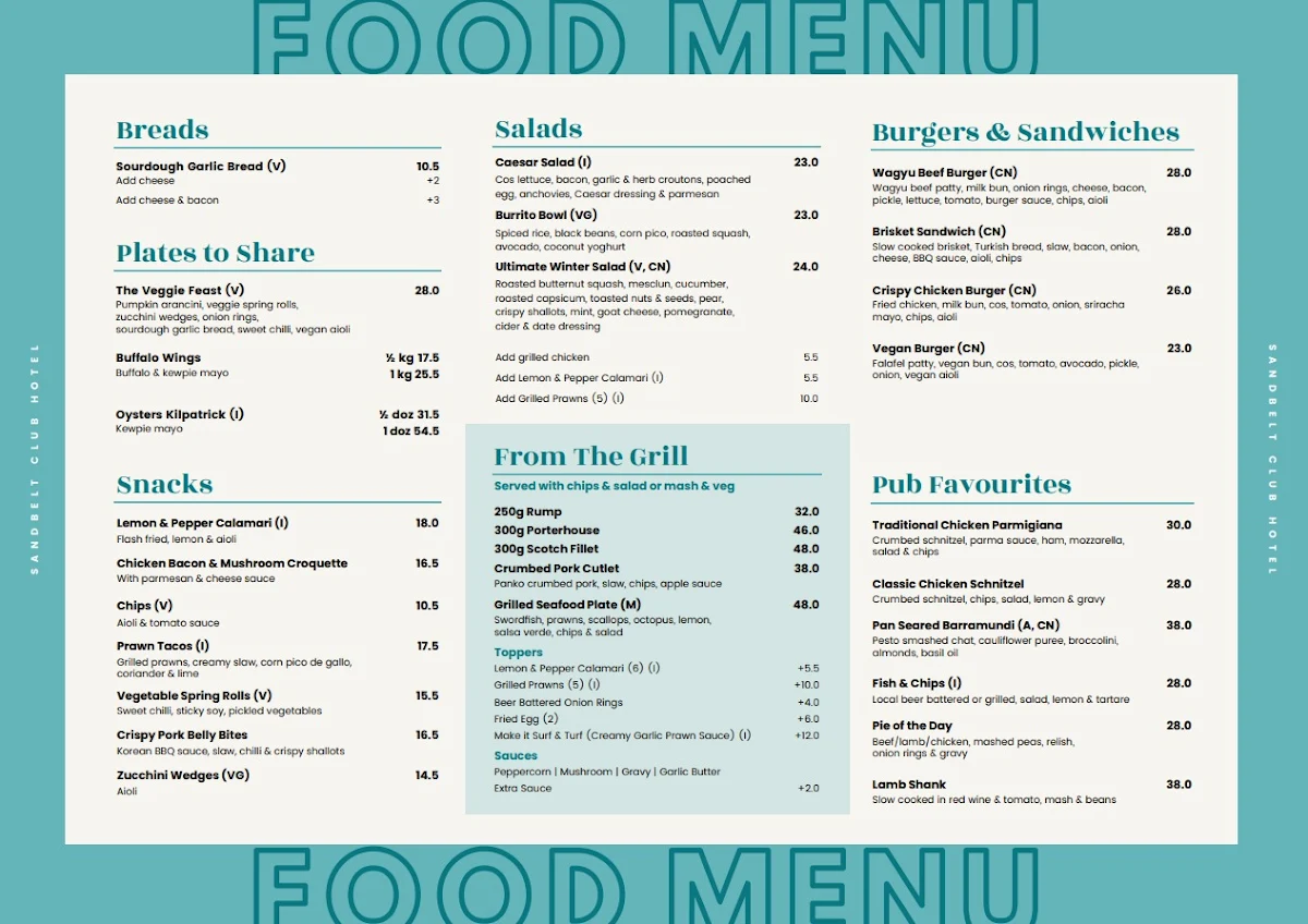 Menu, Sandbelt Club Hotel