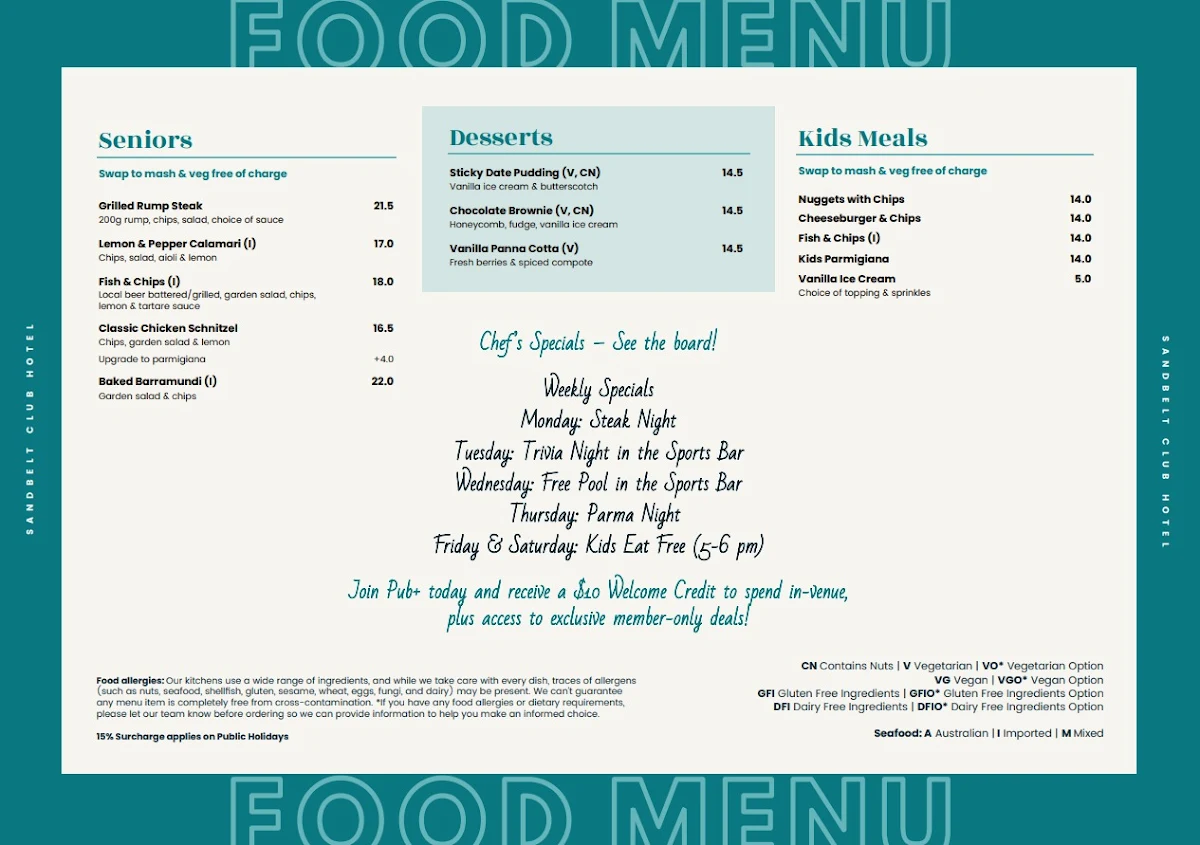 Menu, Sandbelt Club Hotel