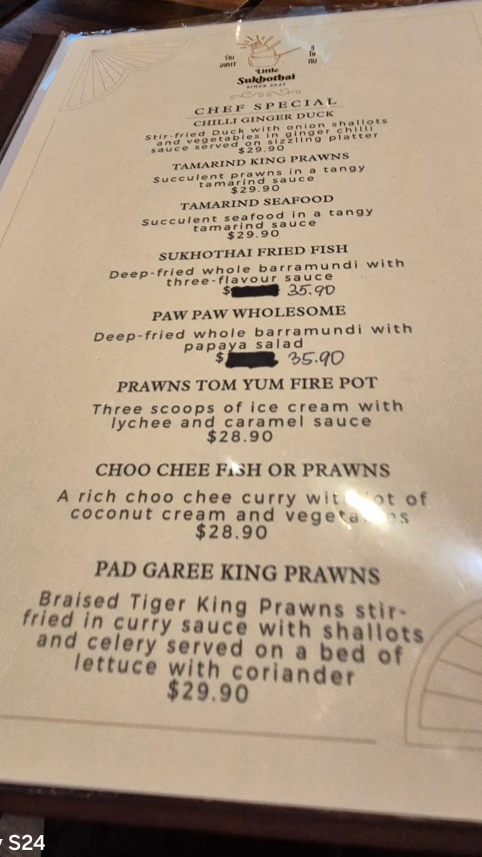 Menu, Little Sukhothai