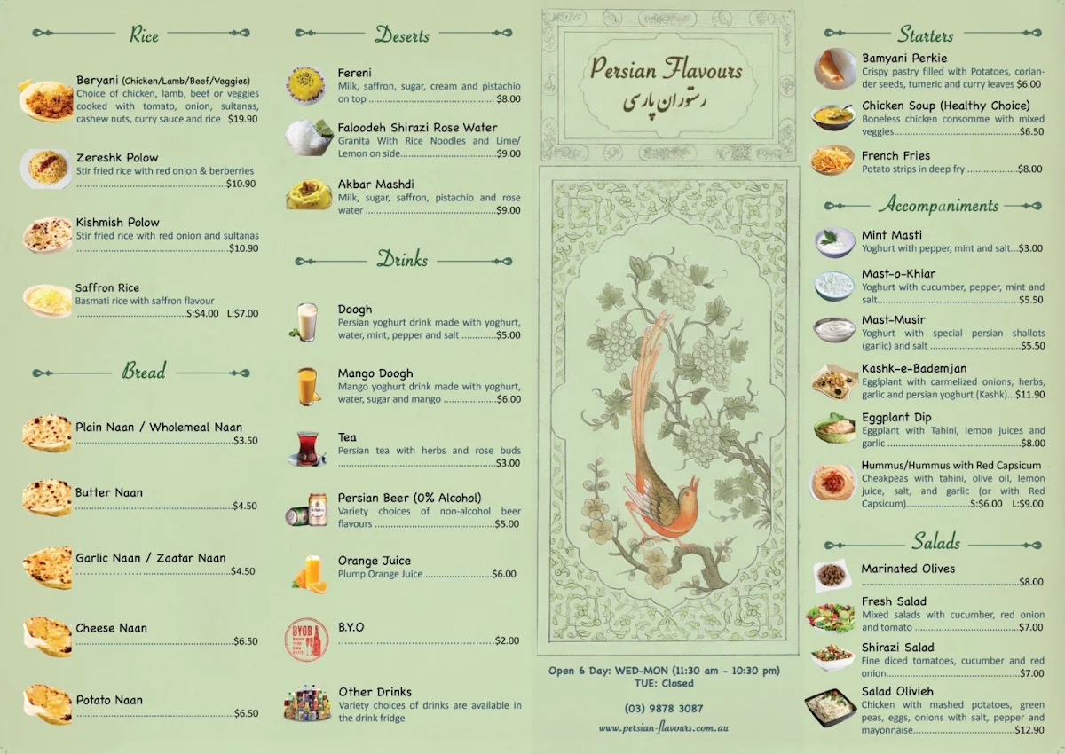Menu, Persian Flavours