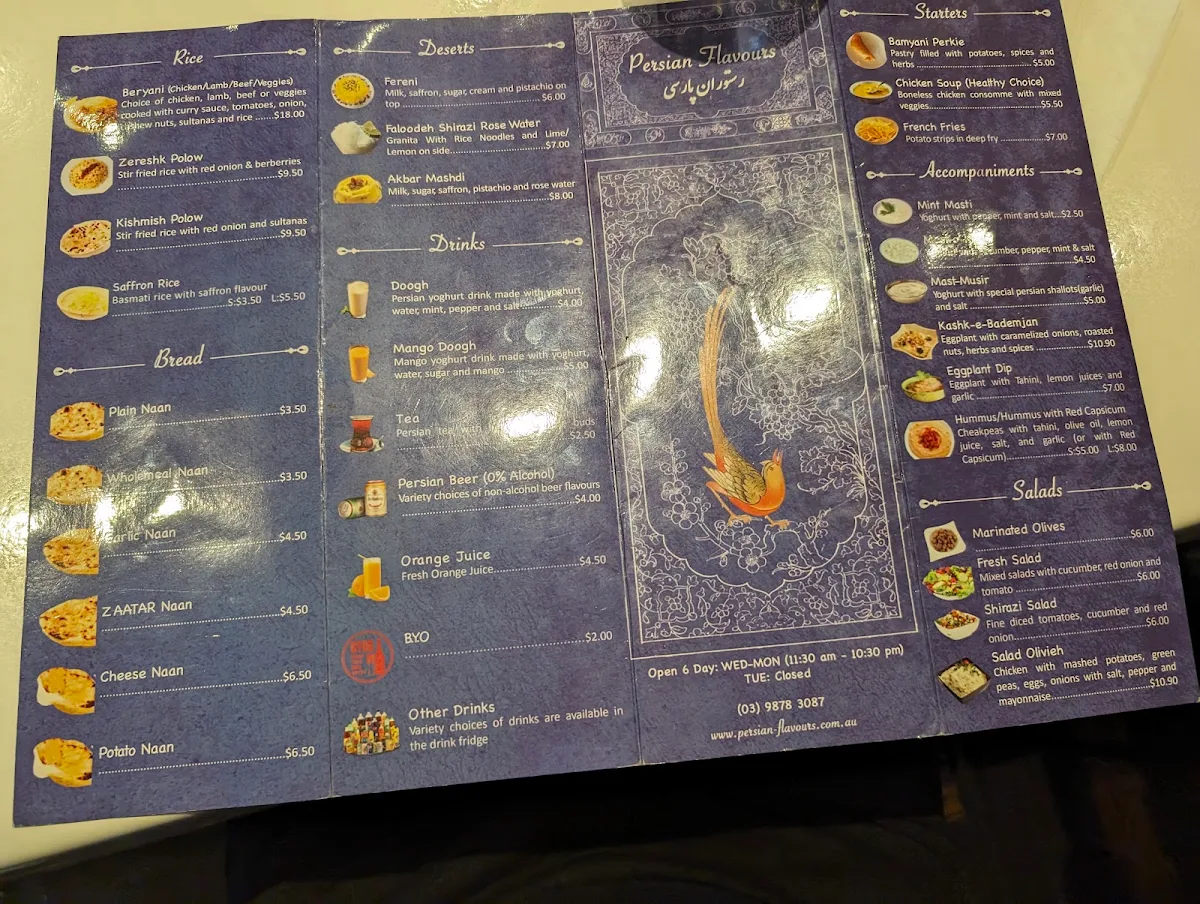 Menu, Persian Flavours