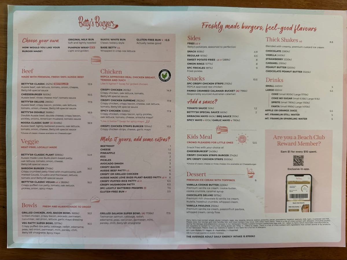 Menu, Betty's Burgers