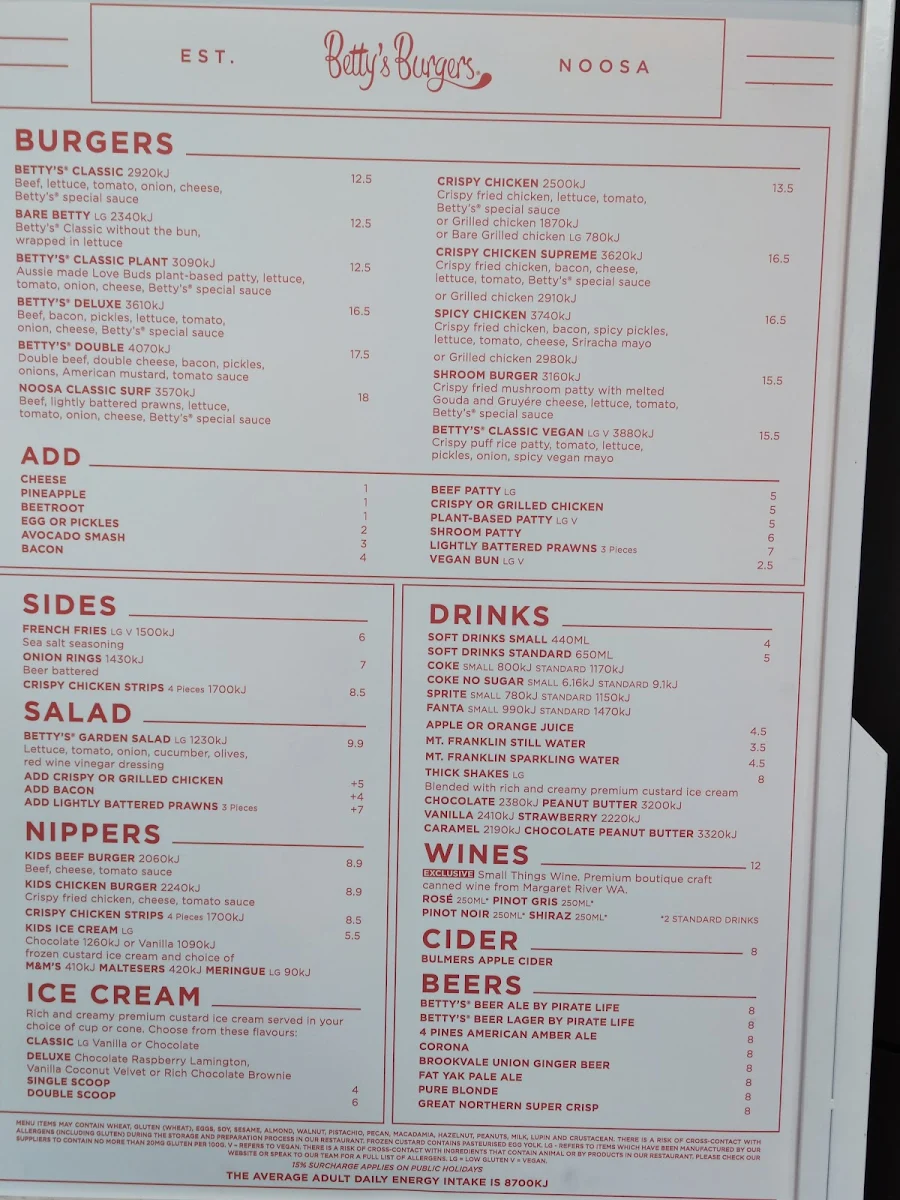 Menu, Betty's Burgers