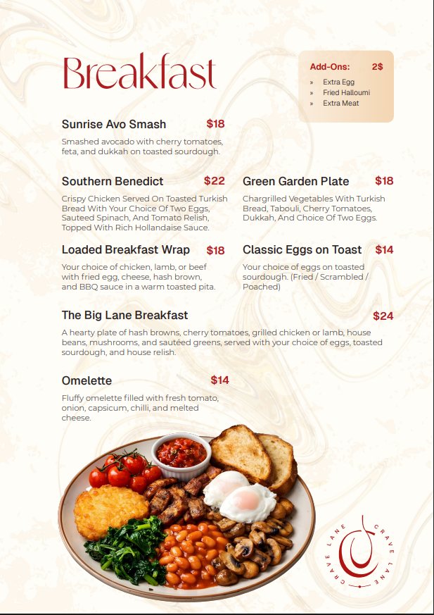 Menu, Cravelane Sandy Bay