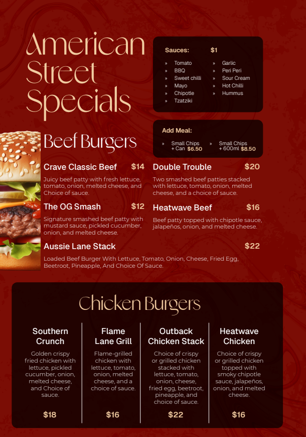 Menu, Cravelane Sandy Bay