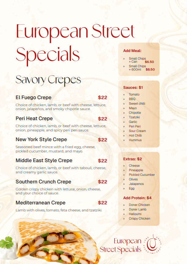 Menu, Cravelane Sandy Bay