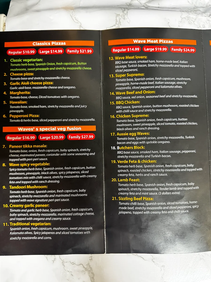 Menu, Pizza Waves