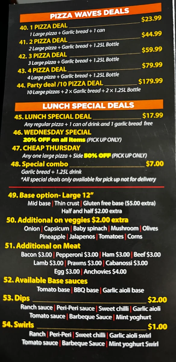 Menu, Pizza Waves
