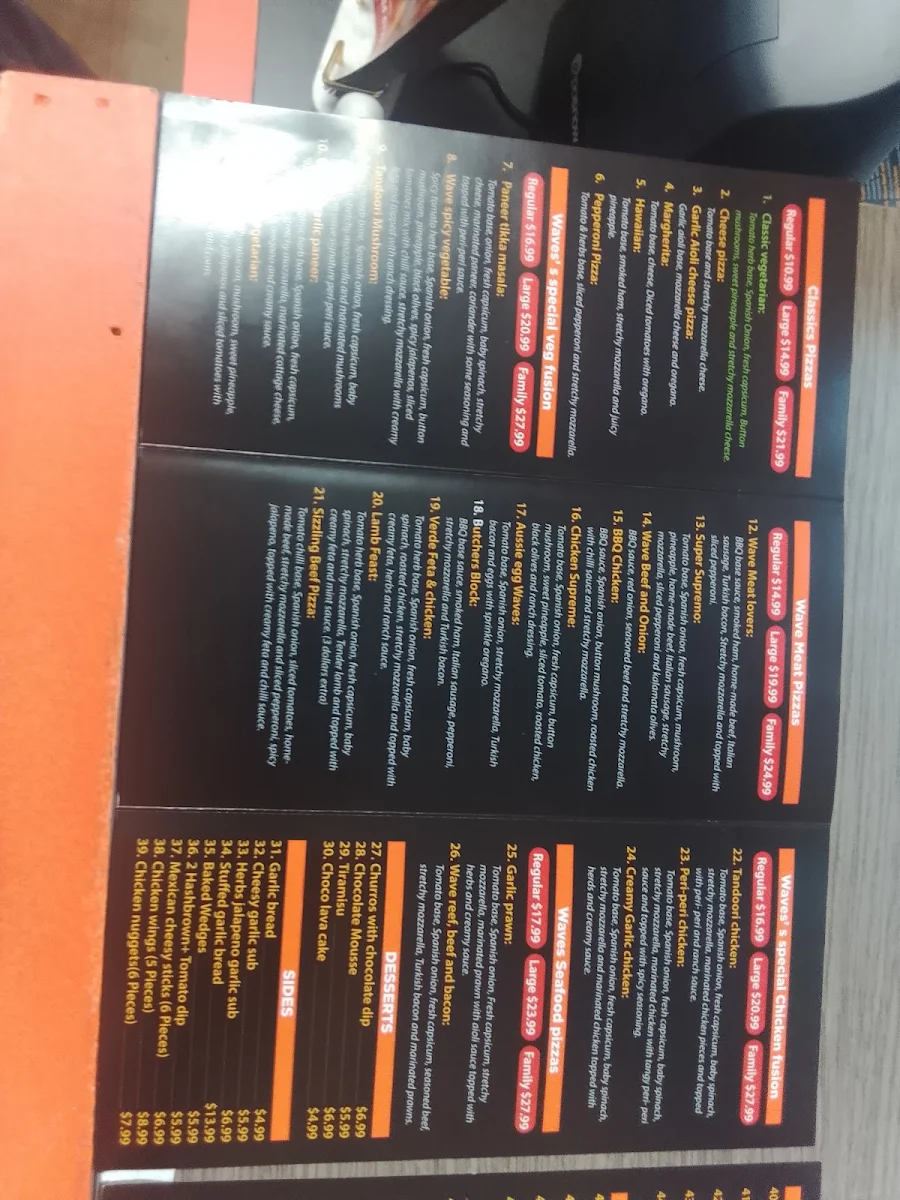 Menu, Pizza Waves