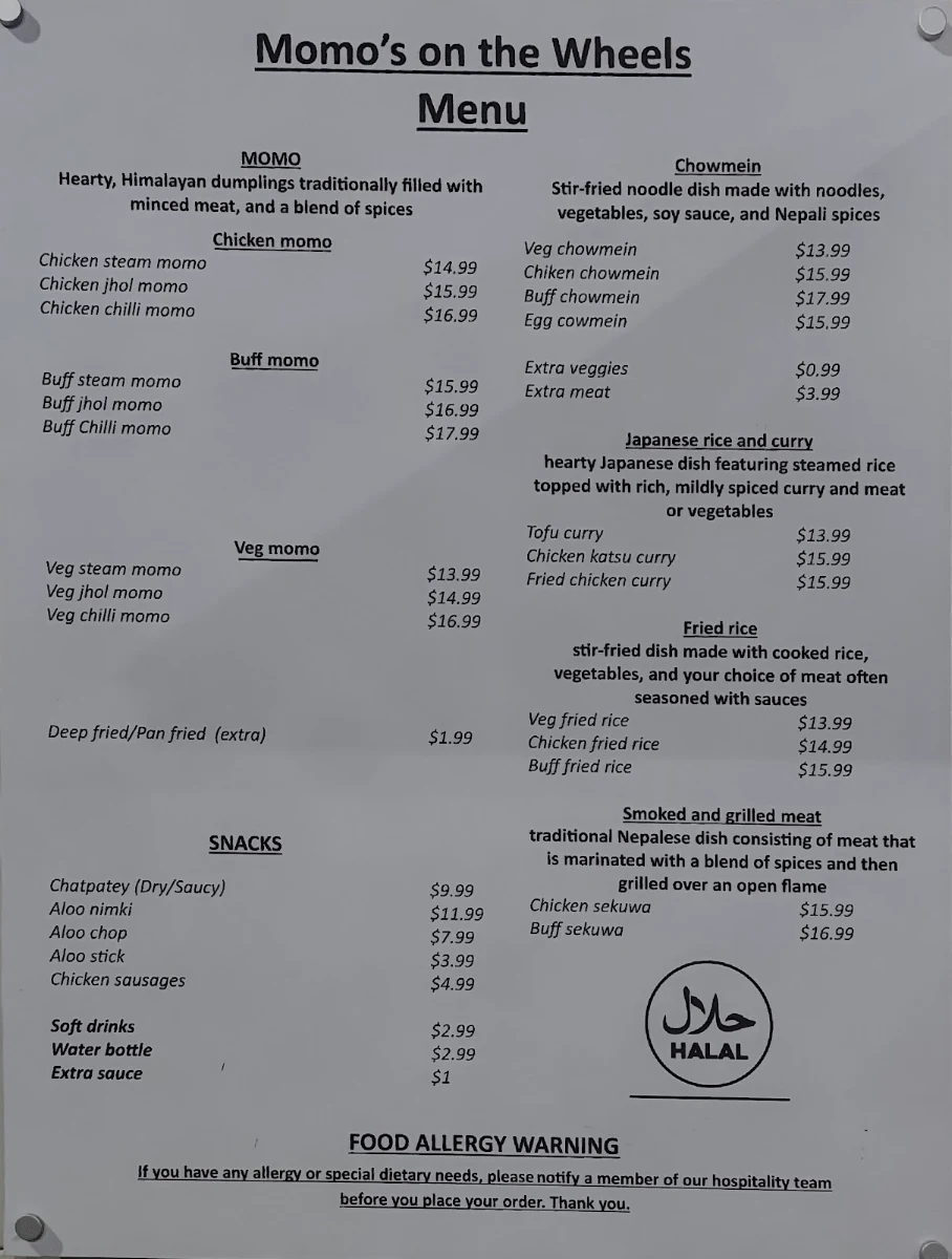 Menu, Momo's on the Wheels
