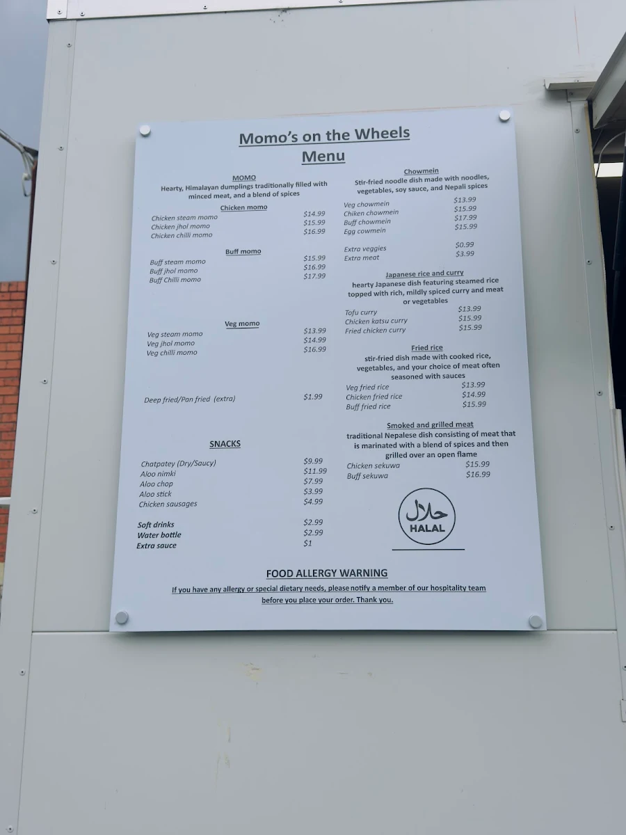 Menu, Momo's on the Wheels
