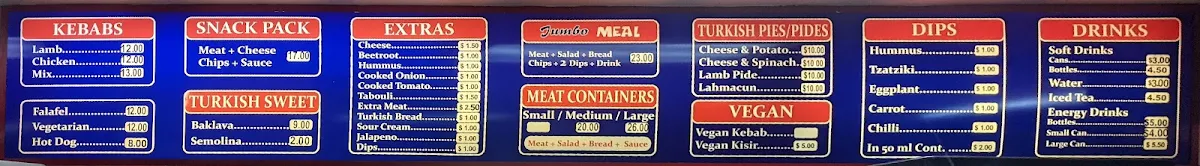 Menu, JUMBO KEBABS DONCASTER