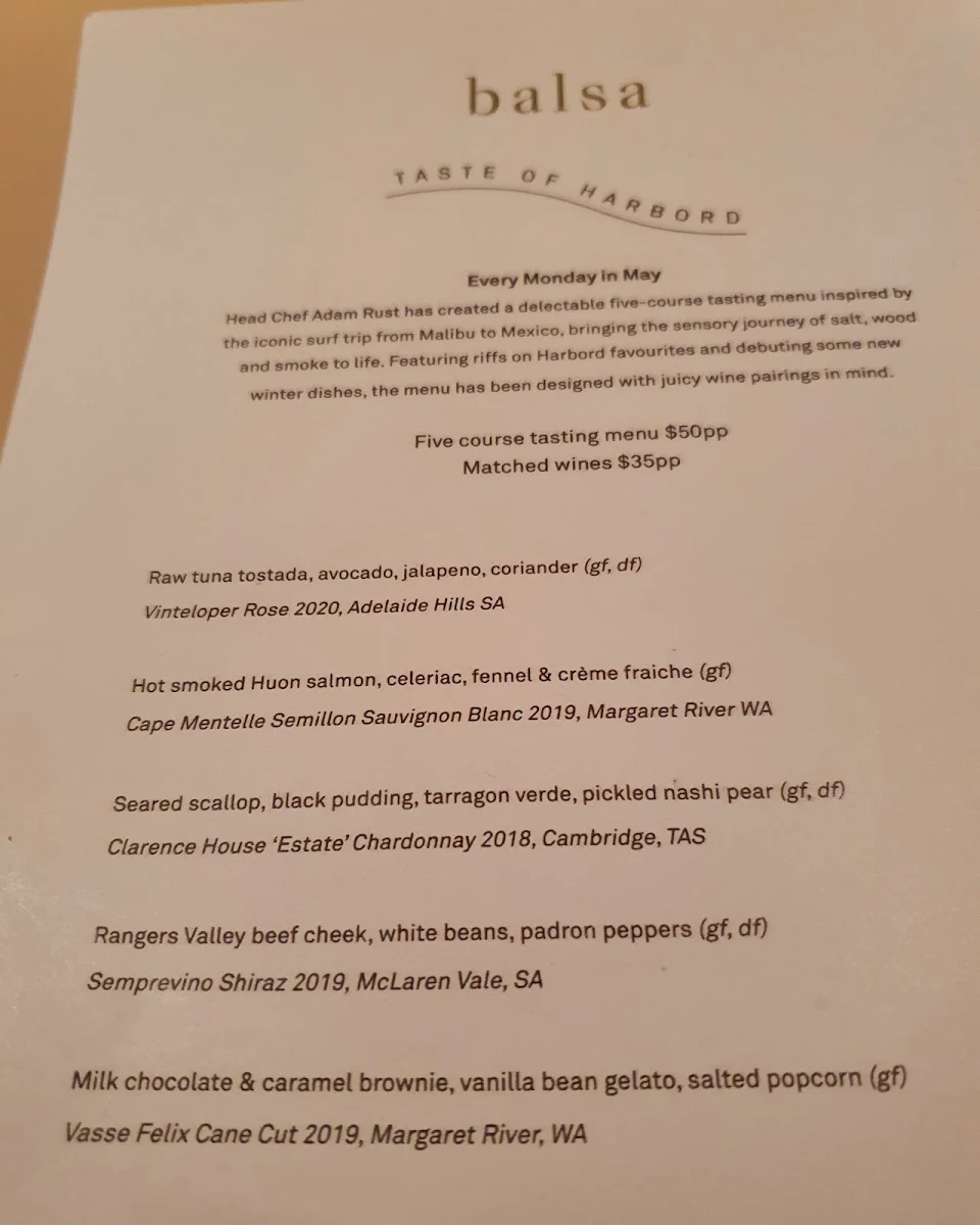 Menu, Harbord Hotel