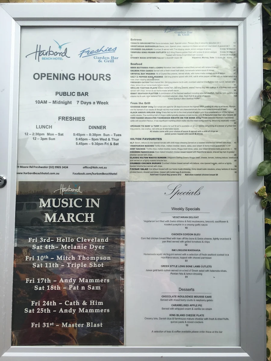 Menu, Harbord Hotel