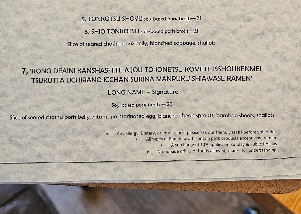 Menu, Manpuku Kingsford