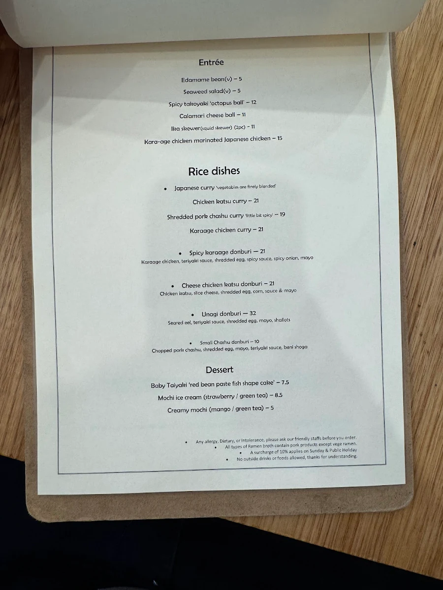 Menu, Manpuku Kingsford