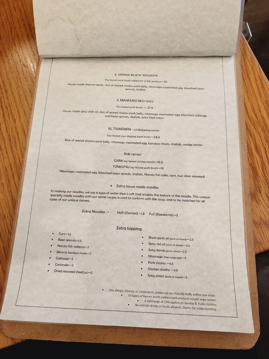 Menu, Manpuku Kingsford