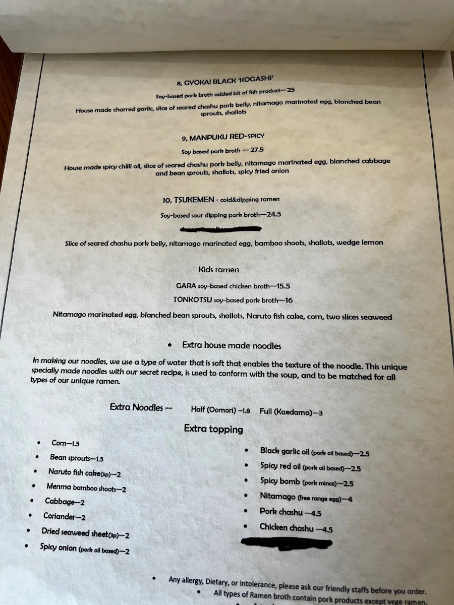 Menu, Manpuku Kingsford