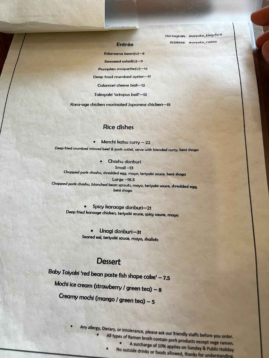 Menu, Manpuku Kingsford