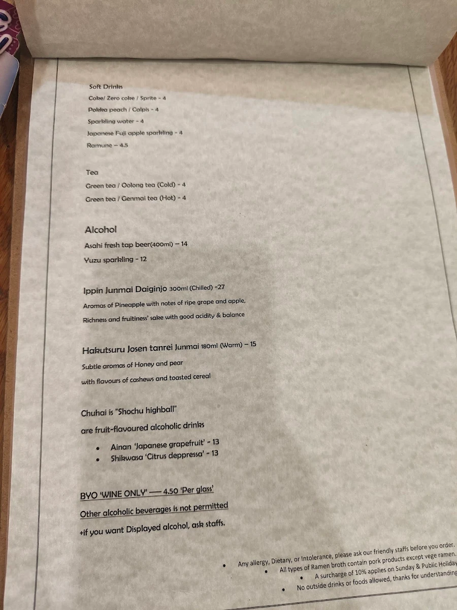 Menu, Manpuku Kingsford