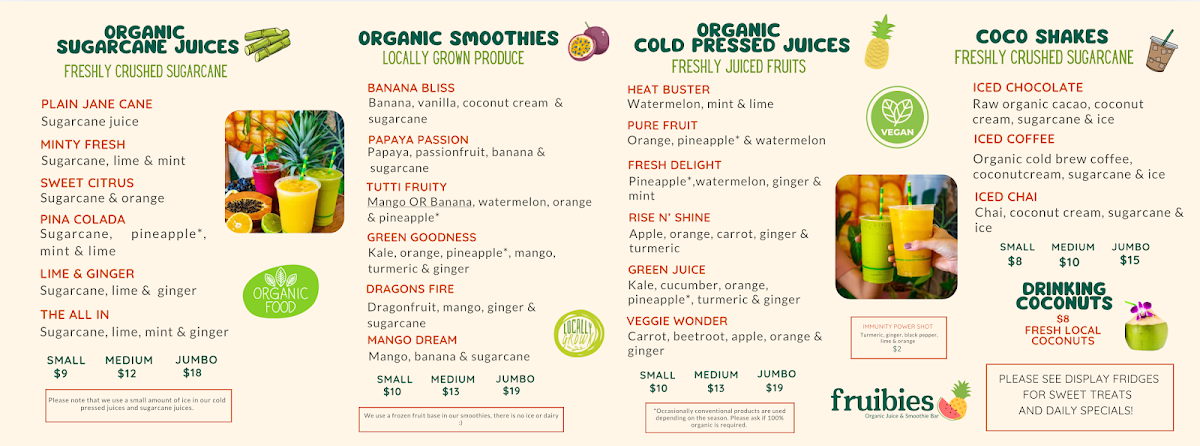 Menu, Fruibies Organic Juice & Smoothie Bar, Kuranda, Cairns