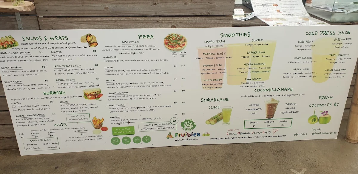 Menu, Fruibies Organic Juice & Smoothie Bar, Kuranda, Cairns