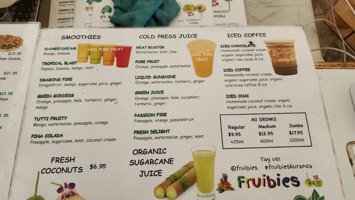 Menu, Fruibies Organic Juice & Smoothie Bar, Kuranda, Cairns