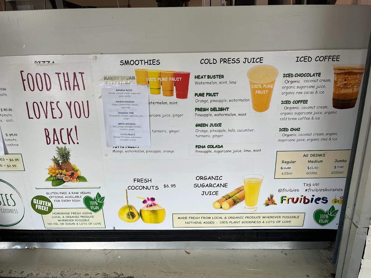 Menu, Fruibies Organic Juice & Smoothie Bar, Kuranda, Cairns