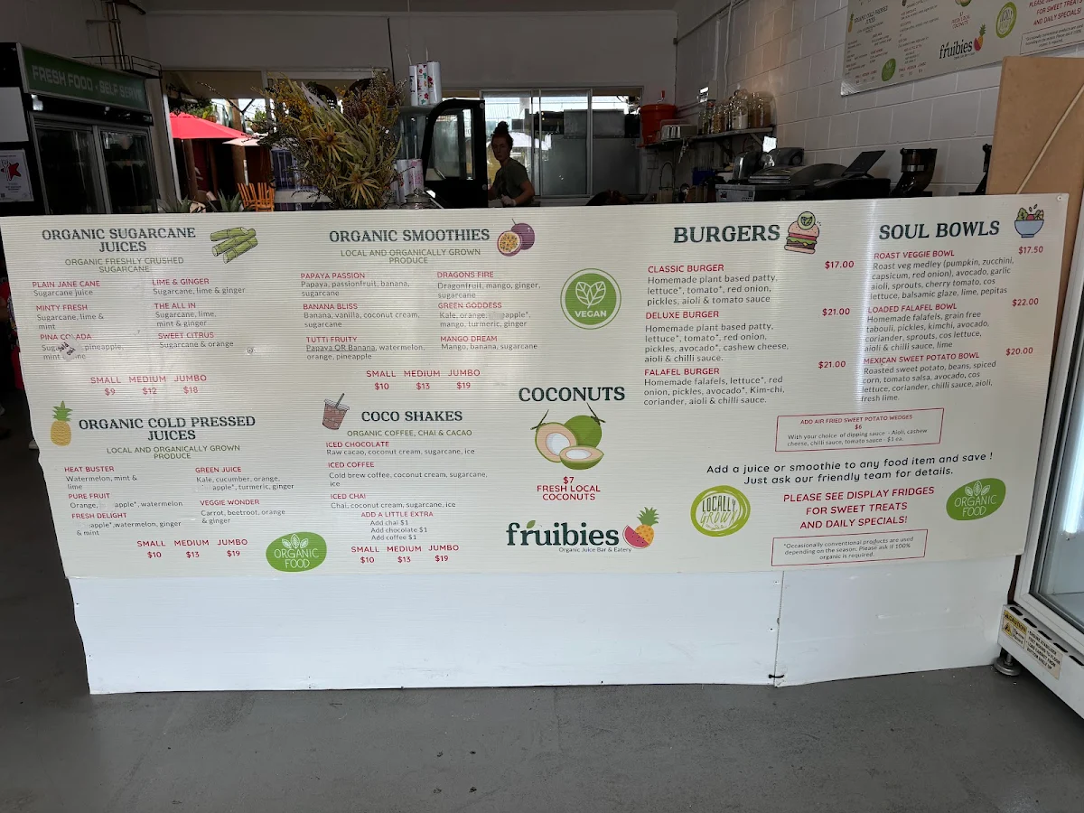 Menu, Fruibies Organic Juice & Smoothie Bar, Kuranda, Cairns