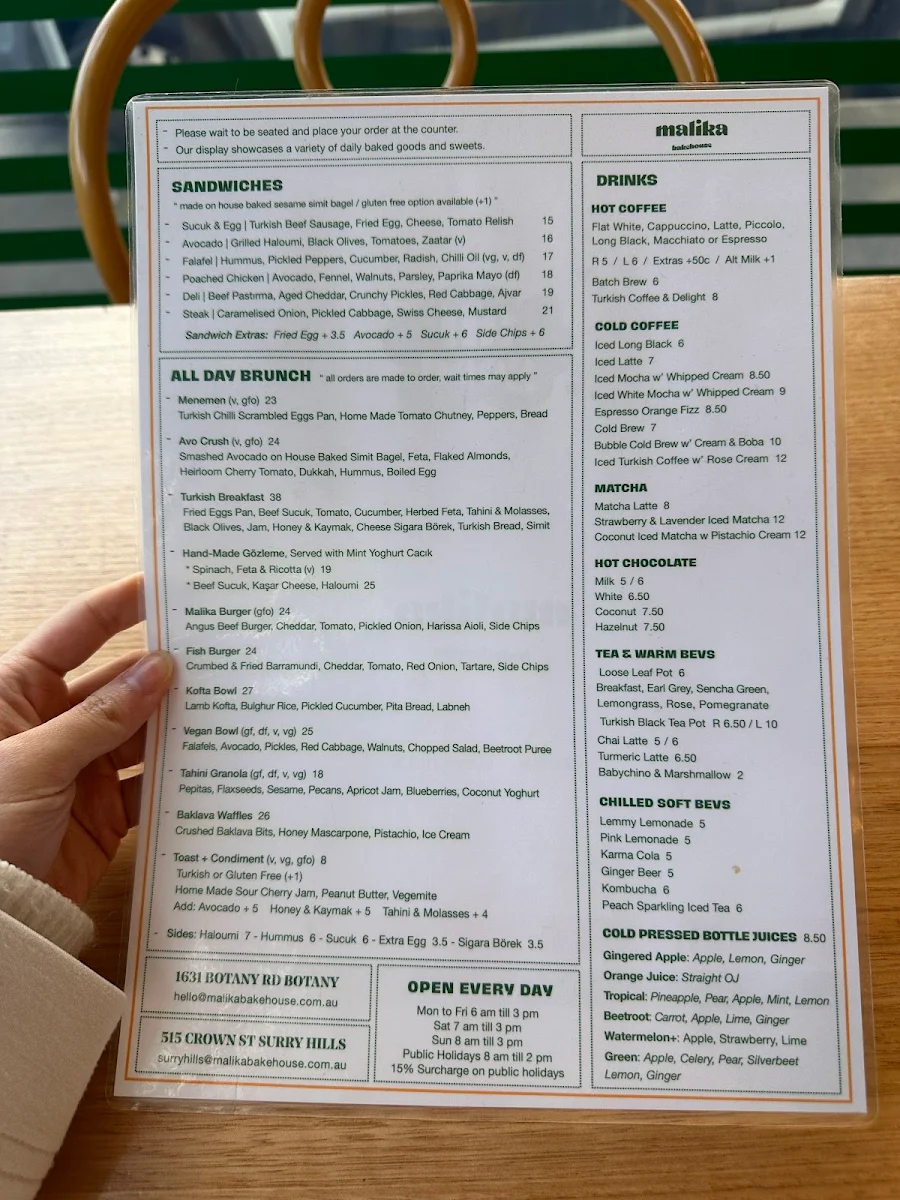 Menu, Malika Bakehouse Surry Hills