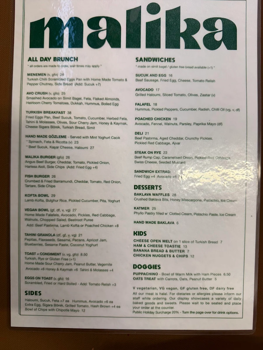 Menu, Malika Bakehouse Surry Hills