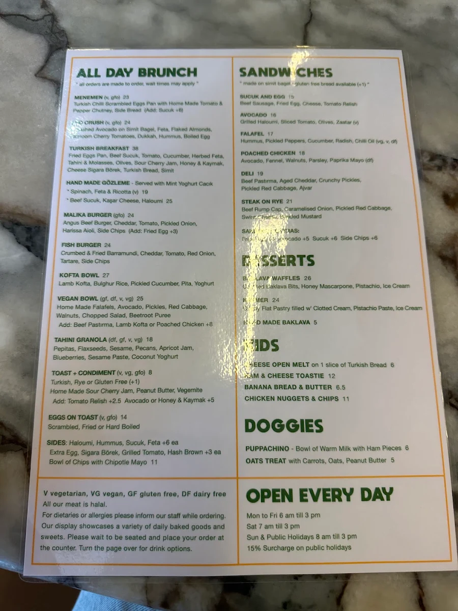 Menu, Malika Bakehouse Surry Hills