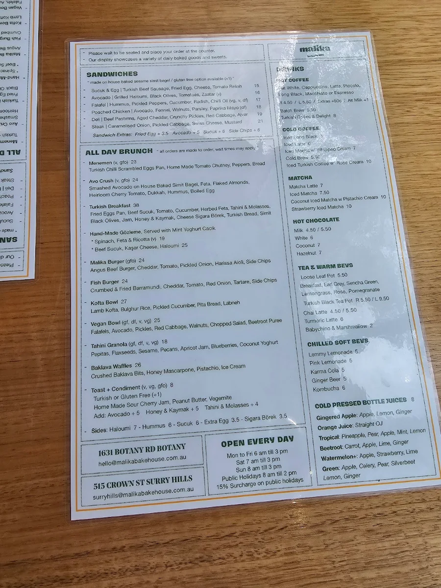 Menu, Malika Bakehouse Surry Hills