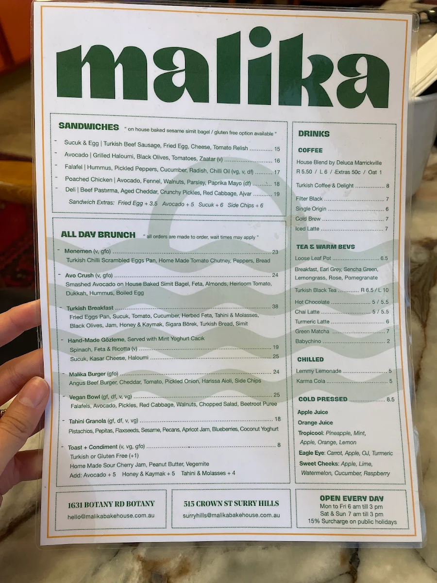 Menu, Malika Bakehouse Surry Hills