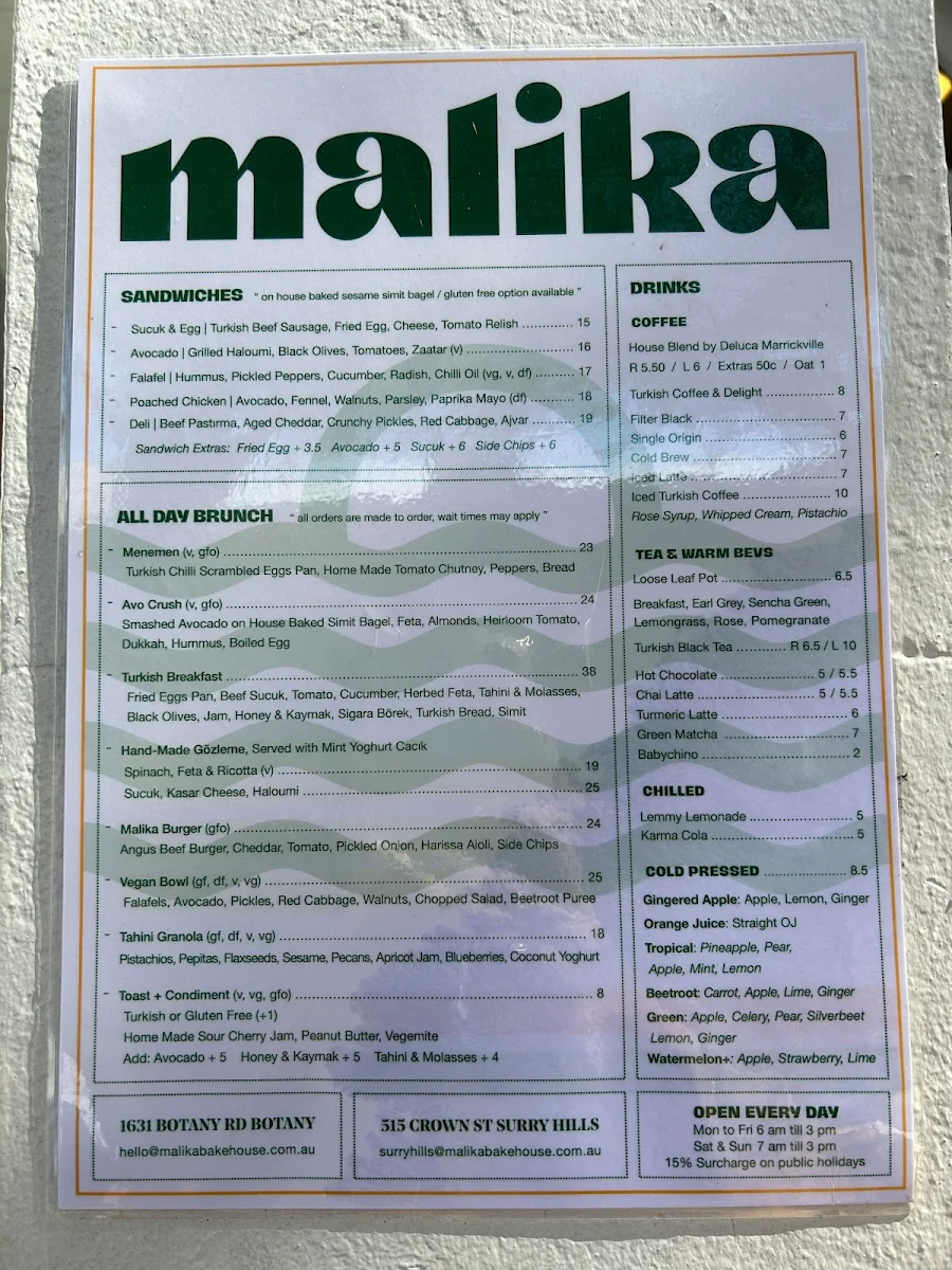 Menu, Malika Bakehouse Surry Hills