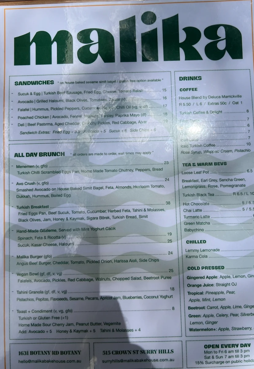 Menu, Malika Bakehouse Surry Hills