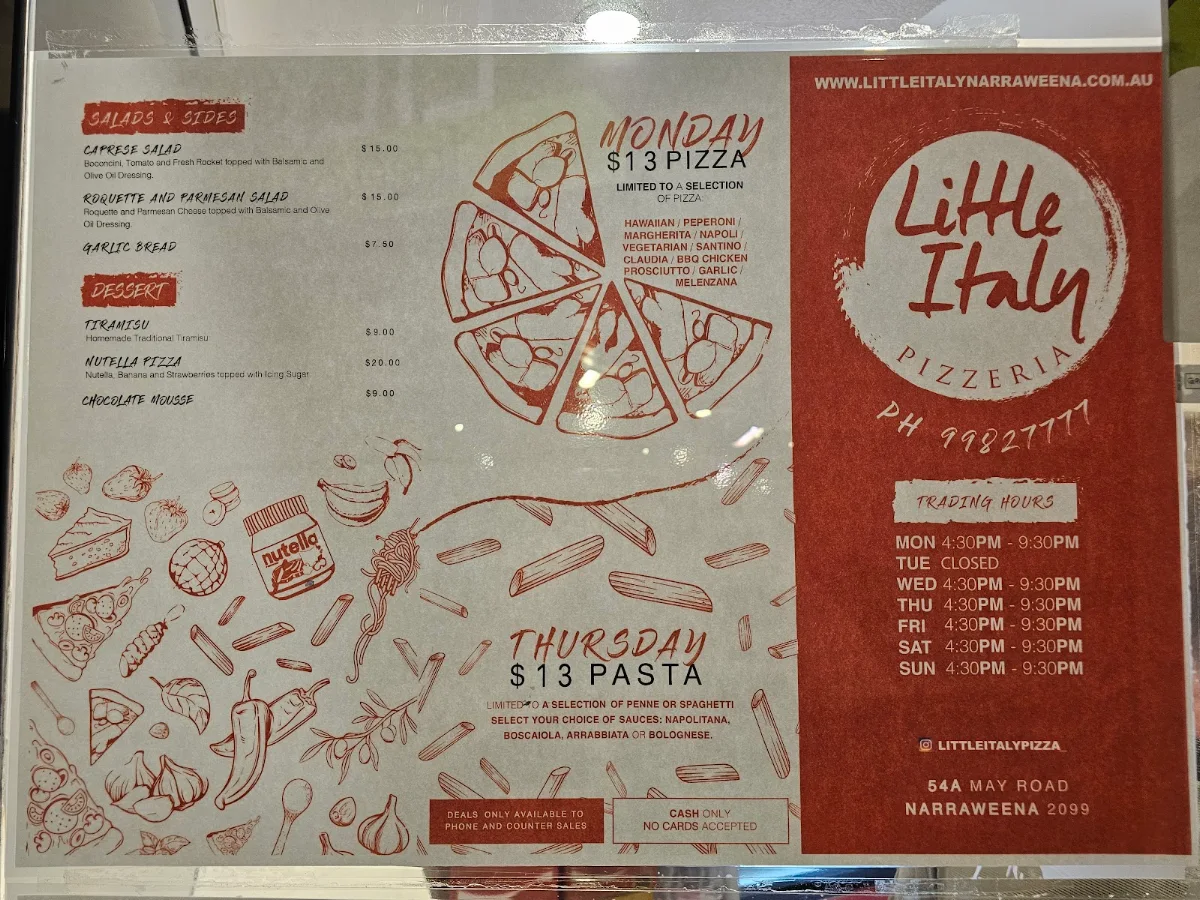 Menu, LITTLE ITALY NARRAWEENA