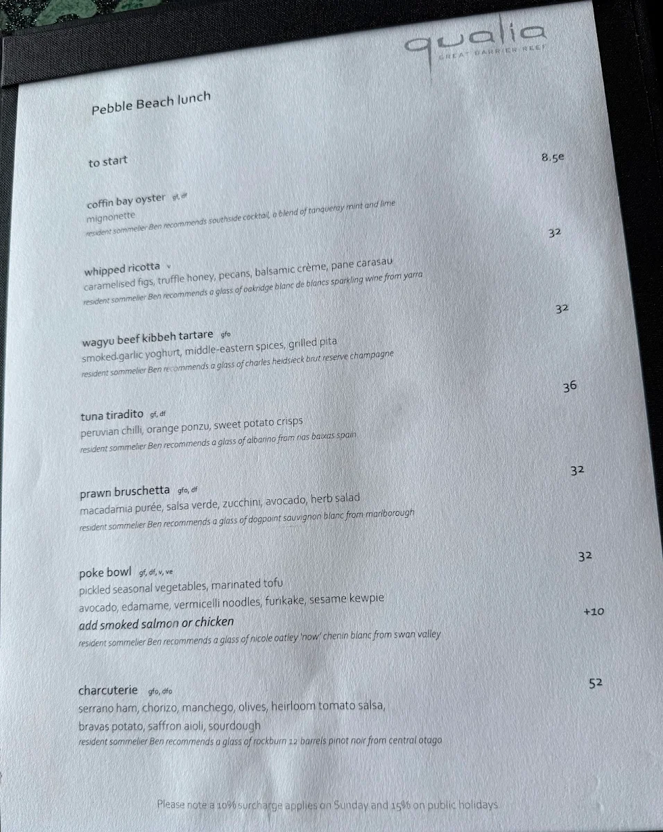 Menu, Pebble Beach at qualia