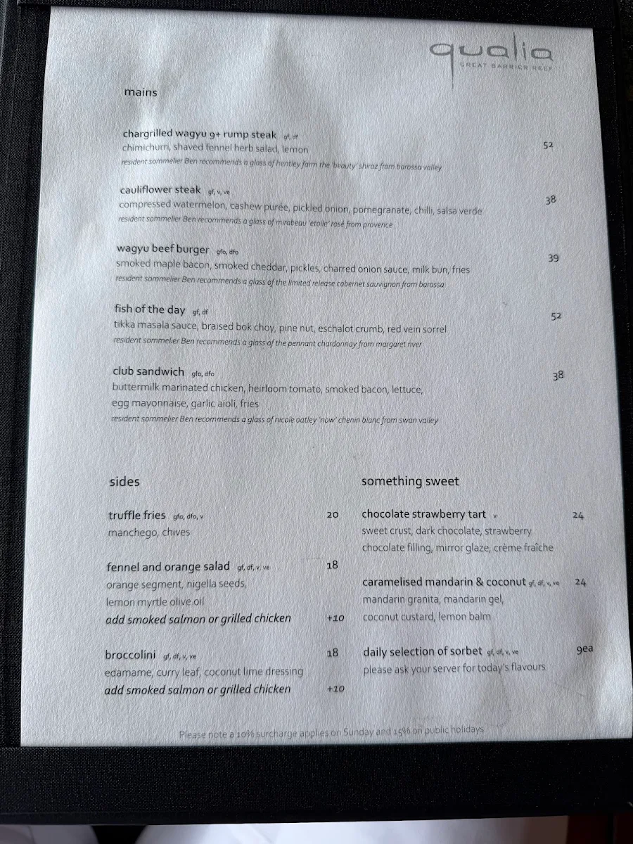 Menu, Pebble Beach at qualia
