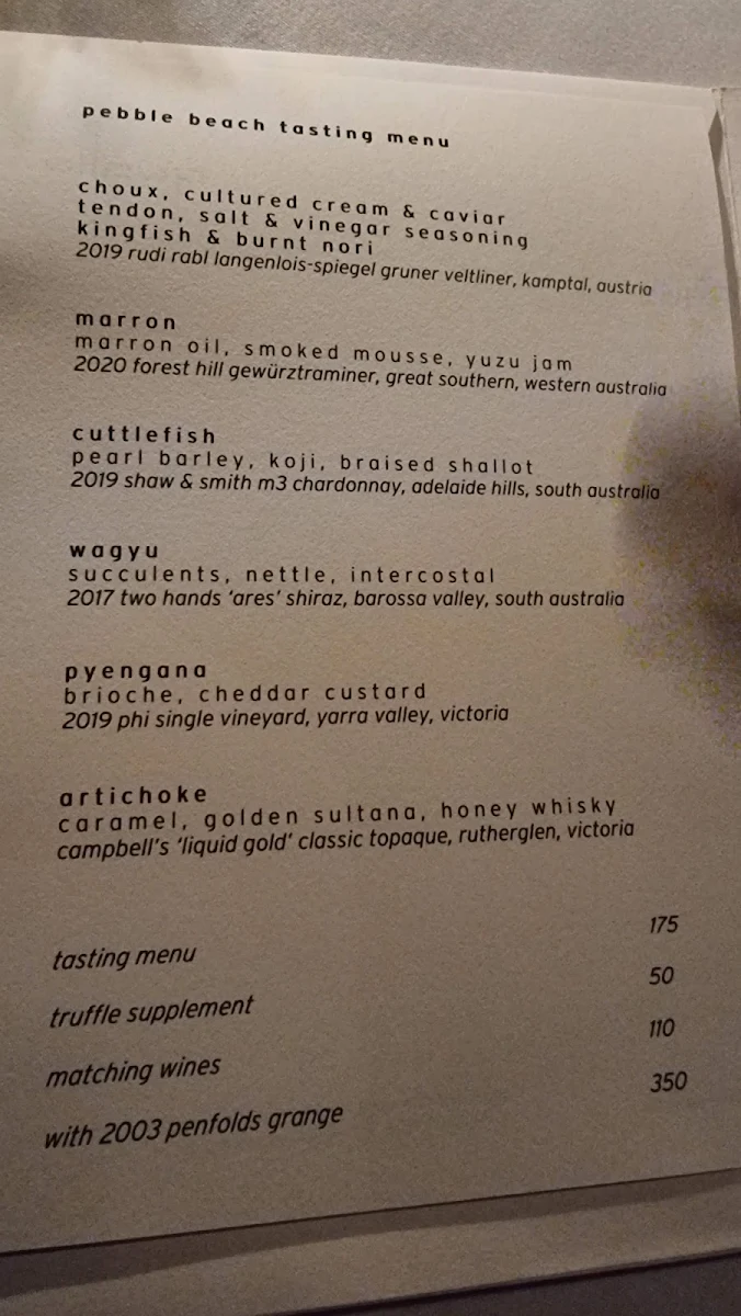 Menu, Pebble Beach at qualia