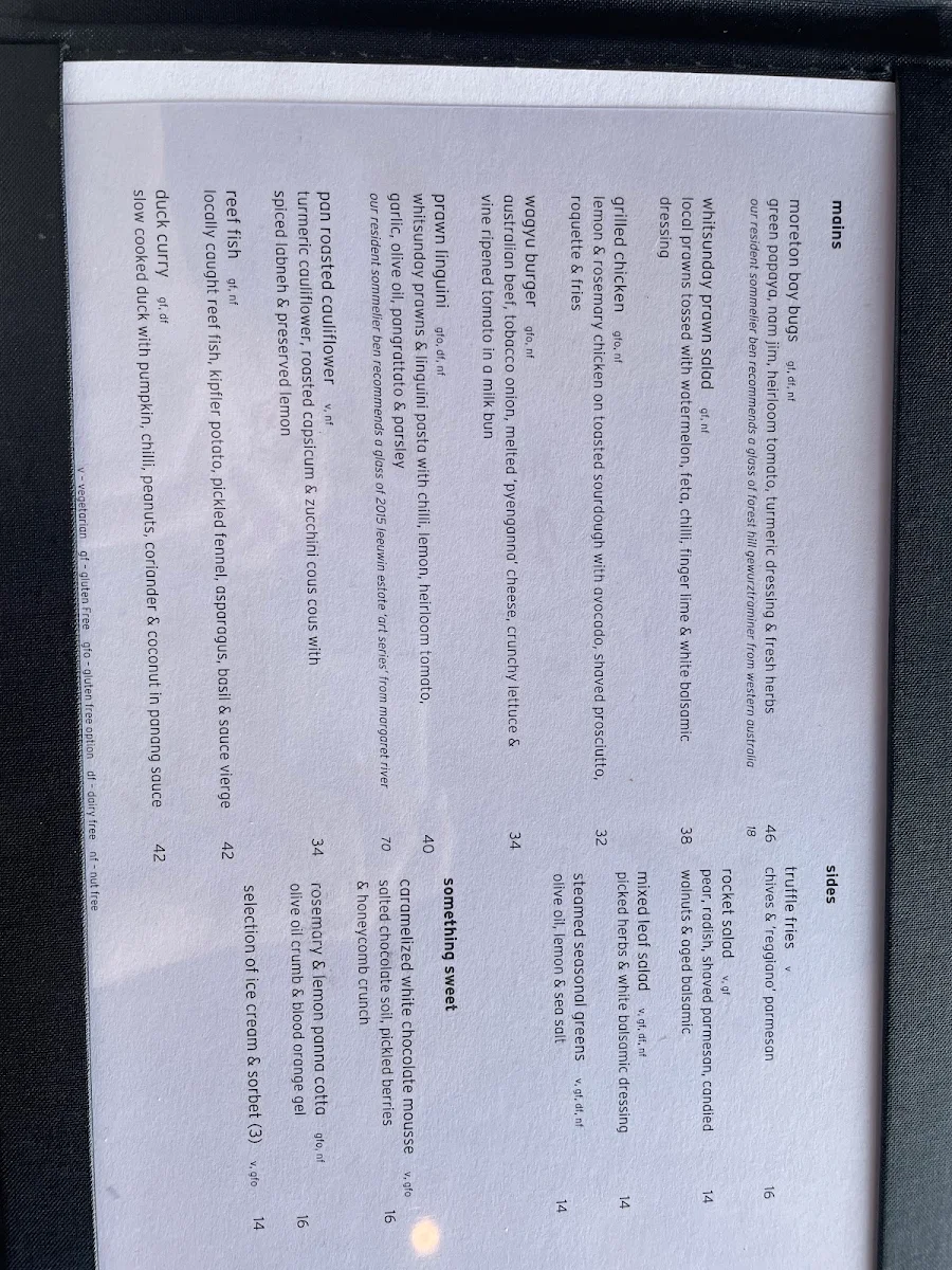 Menu, Pebble Beach at qualia