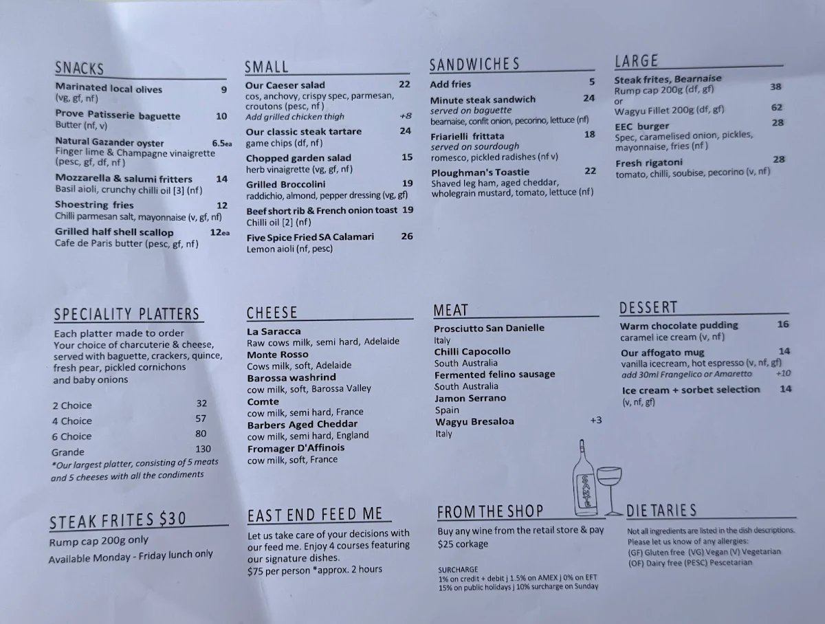 Menu, East End Cellars