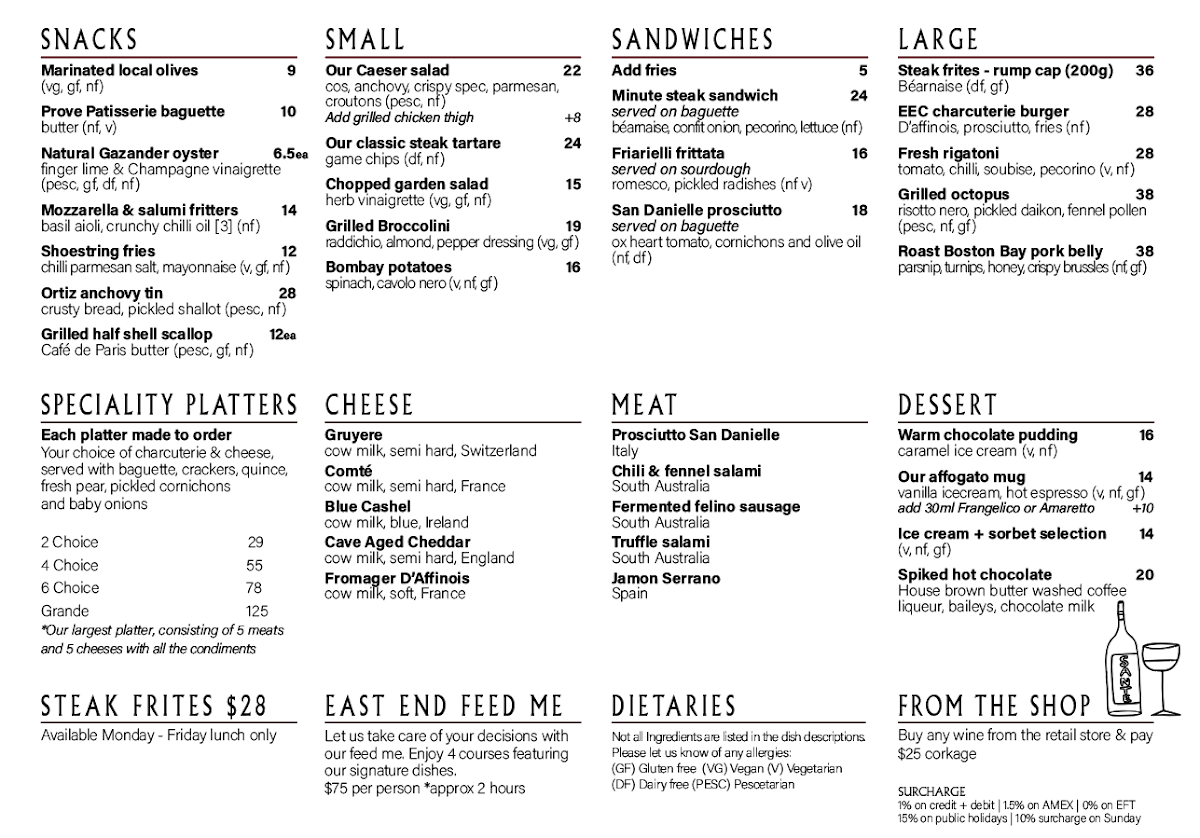 Menu, East End Cellars